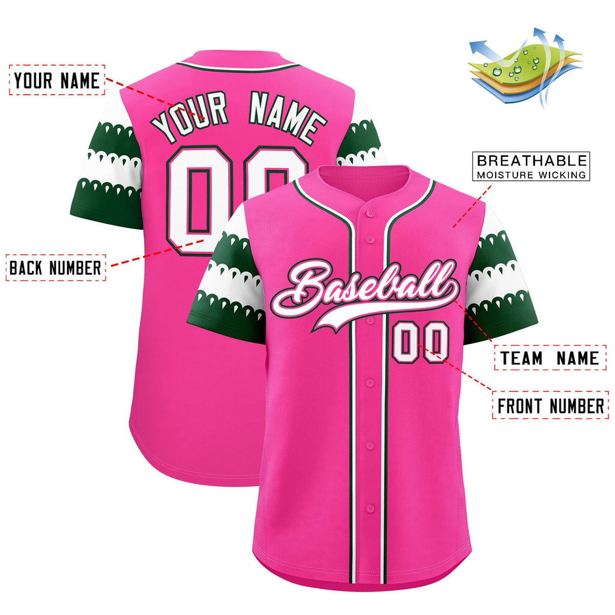 Custom Pink Green White Sleeve Flag Lace Baseball Jersey | Sublimation Printed &amp; Embroidery,Add Name and Numbern,Perfect for Teams | KXKSHOP