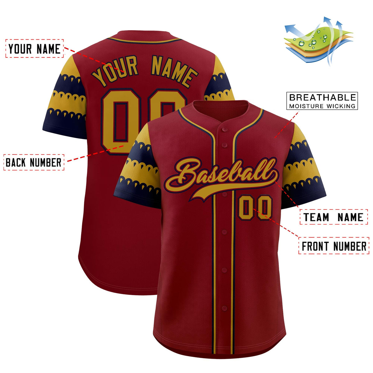 Custom Crimson Old Gold Navy Sleeve Flag Lace Baseball Jersey | Sublimation Printed &amp; Embroidery,Add Name and Numbern,Perfect for Teams | KXKSHOP