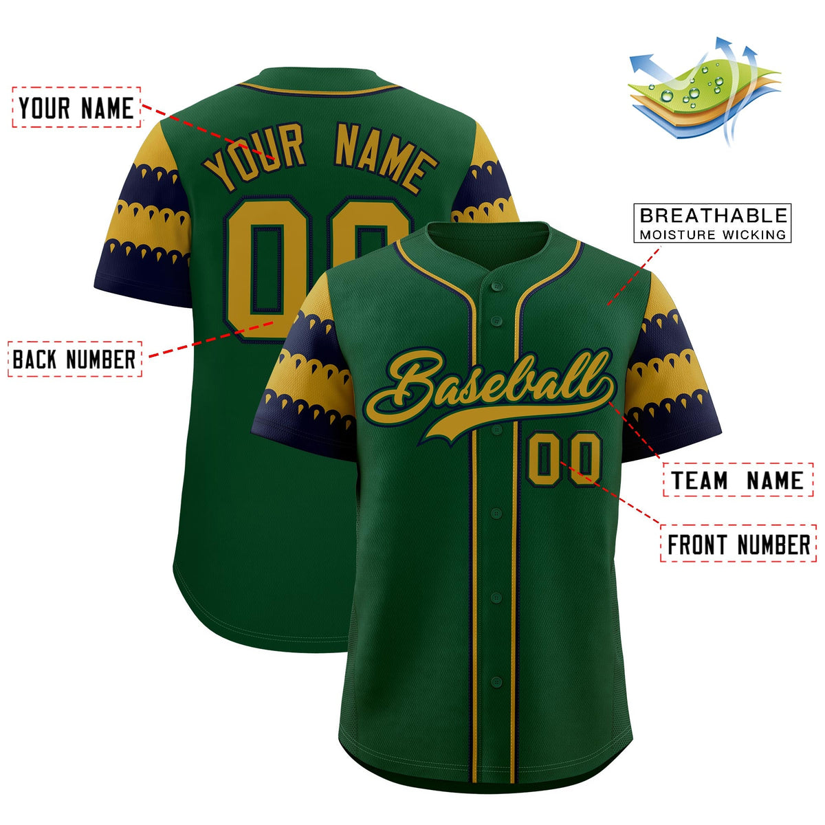 Custom Green Old Gold Navy Sleeve Flag Lace Baseball Jersey | Sublimation Printed &amp; Embroidery,Add Name and Numbern,Perfect for Teams | KXKSHOP