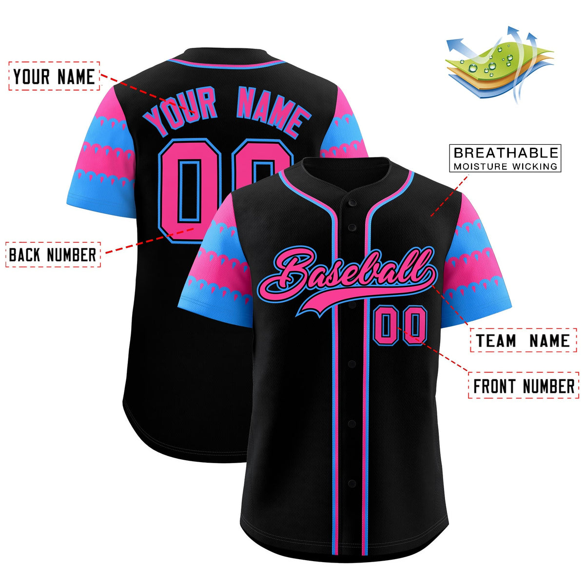 Custom Black Pink Powder Blue Sleeve Flag Lace Baseball Jersey | Sublimation Printed &amp; Embroidery,Add Name and Numbern,Perfect for Teams | KXKSHOP
