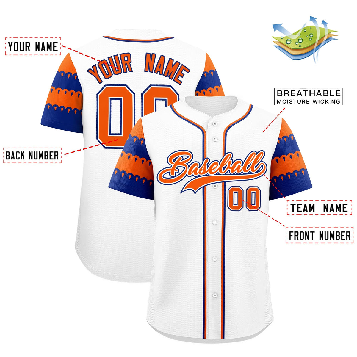 Custom White Orange Royal Sleeve Flag Lace Baseball Jersey | Sublimation Printed &amp; Embroidery,Add Name and Numbern,Perfect for Teams | KXKSHOP
