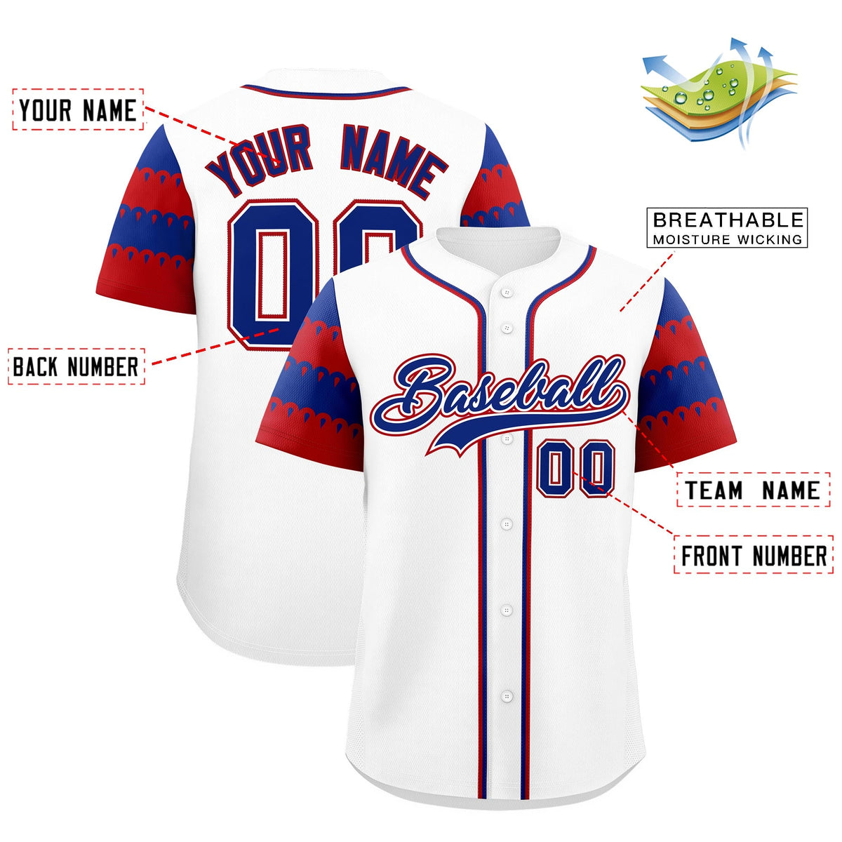 Custom White Red Royal Sleeve Flag Lace Baseball Jersey | Sublimation Printed &amp; Embroidery,Add Name and Numbern,Perfect for Teams | KXKSHOP