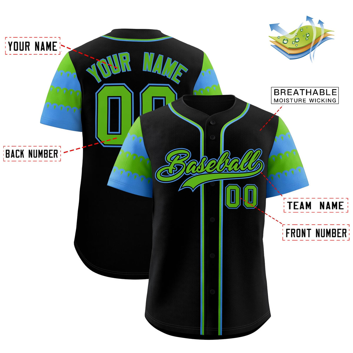 Custom Black Green Powder Blue Sleeve Flag Lace Baseball Jersey | Sublimation Printed &amp; Embroidery,Add Name and Numbern,Perfect for Teams | KXKSHOP