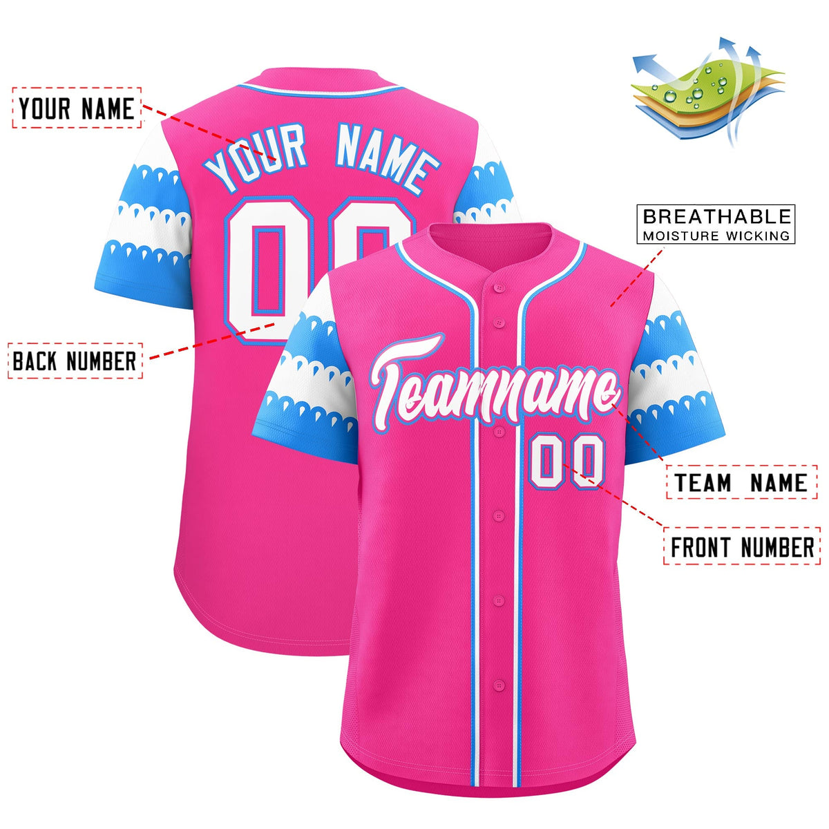 Custom Pink Powder Blue White Sleeve Flag Lace Baseball Jersey | Sublimation Printed &amp; Embroidery,Add Name and Numbern,Perfect for Teams | KXKSHOP