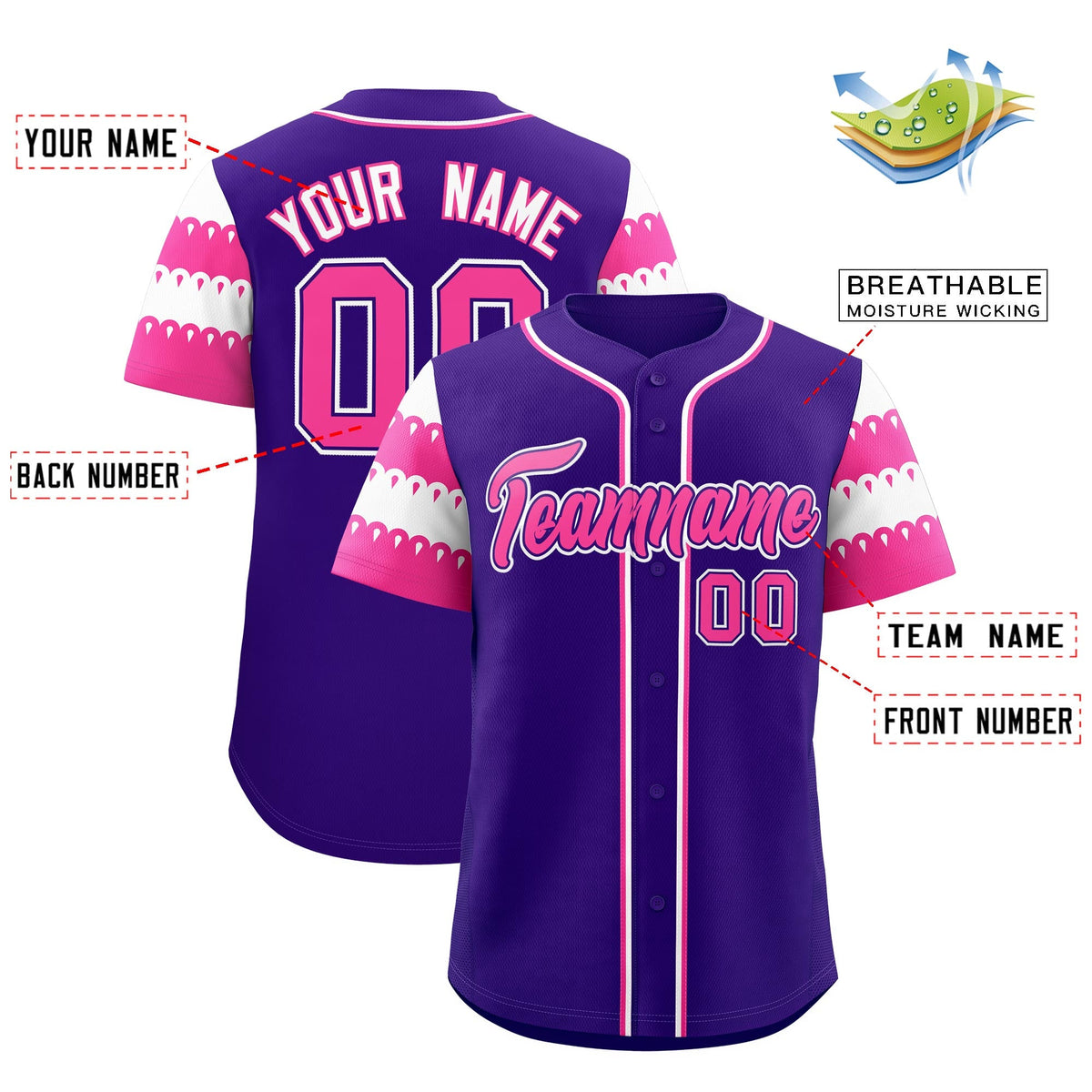 Custom Purple Pink White Sleeve Flag Lace Baseball Jersey | Sublimation Printed &amp; Embroidery,Add Name and Numbern,Perfect for Teams | KXKSHOP