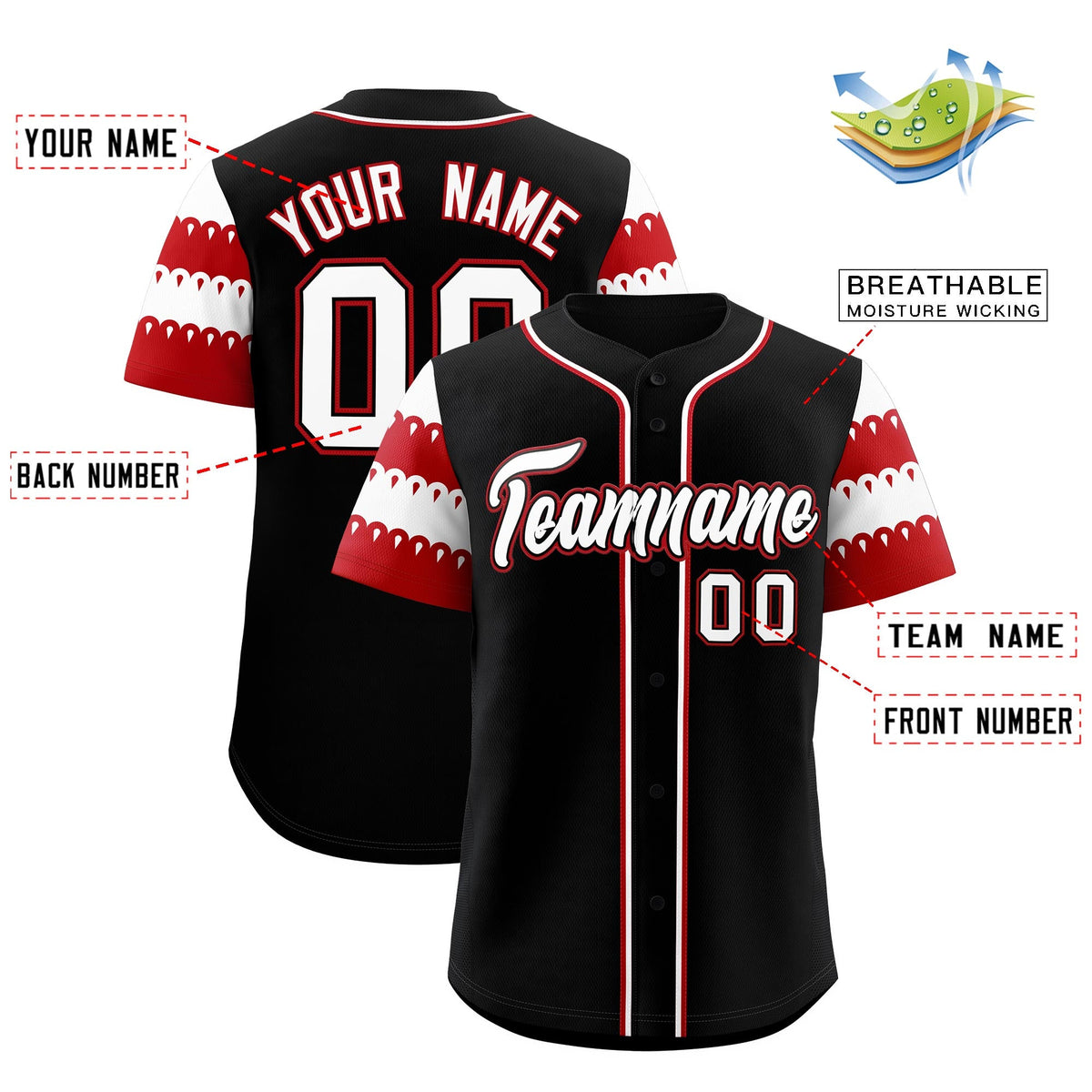 Custom Black Red White Sleeve Flag Lace Baseball Jersey | Sublimation Printed &amp; Embroidery,Add Name and Numbern,Perfect for Teams | KXKSHOP