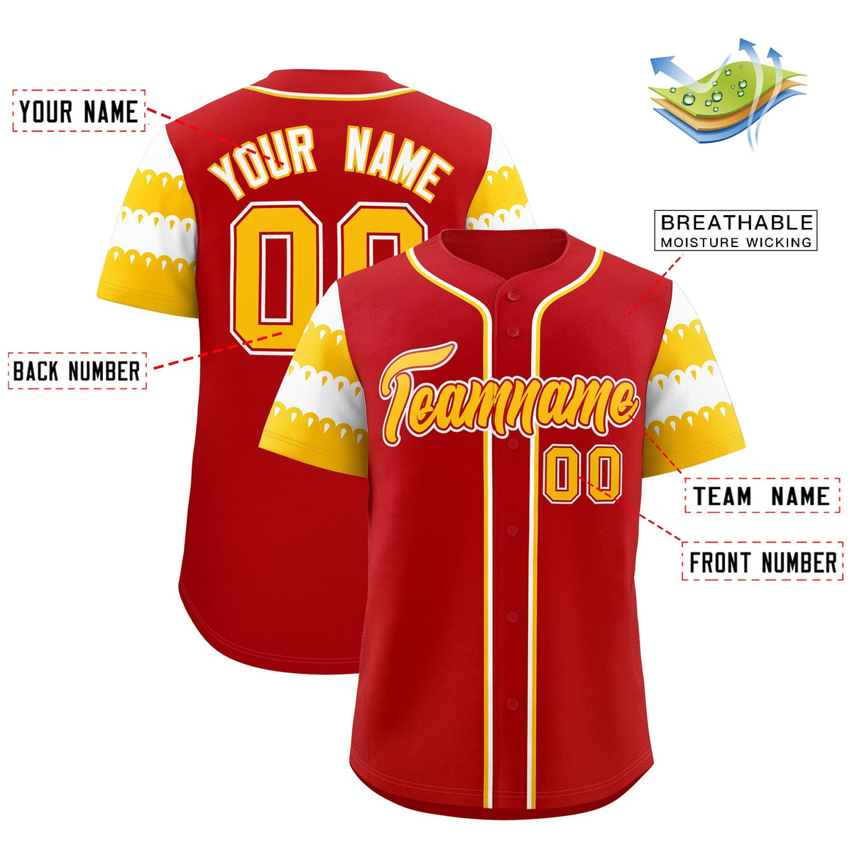Custom Red Gold White Sleeve Flag Lace Baseball Jersey | Sublimation Printed &amp; Embroidery,Add Name and Numbern,Perfect for Teams | KXKSHOP