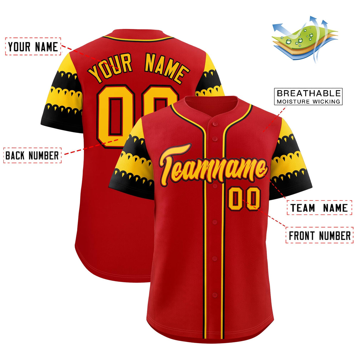 Custom Red Black Gold Sleeve Flag Lace Baseball Jersey | Sublimation Printed &amp; Embroidery,Add Name and Numbern,Perfect for Teams | KXKSHOP