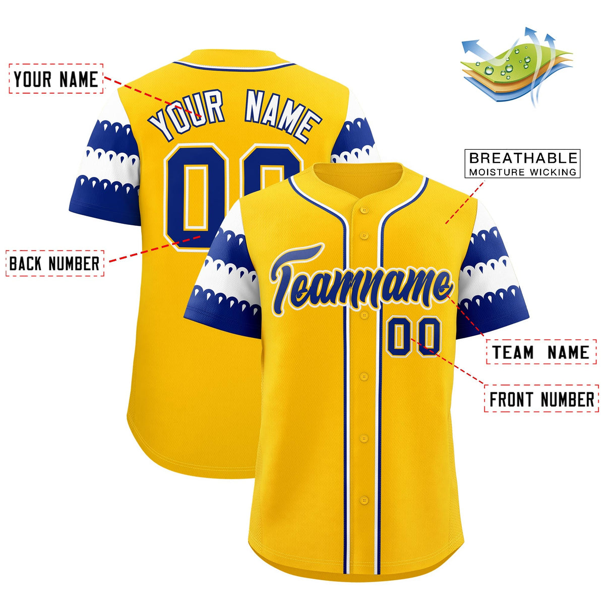 Custom Gold Royal White Sleeve Flag Lace Baseball Jersey | Sublimation Printed &amp; Embroidery,Add Name and Numbern,Perfect for Teams | KXKSHOP