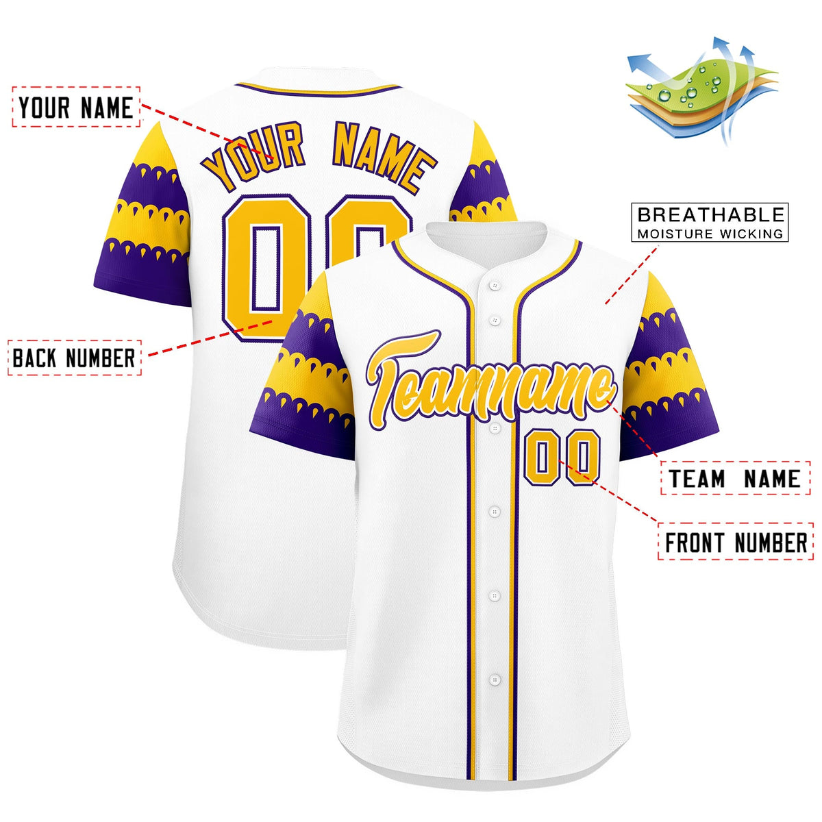 Custom White Gold Purple Sleeve Flag Lace Baseball Jersey | Sublimation Printed &amp; Embroidery,Add Name and Numbern,Perfect for Teams | KXKSHOP