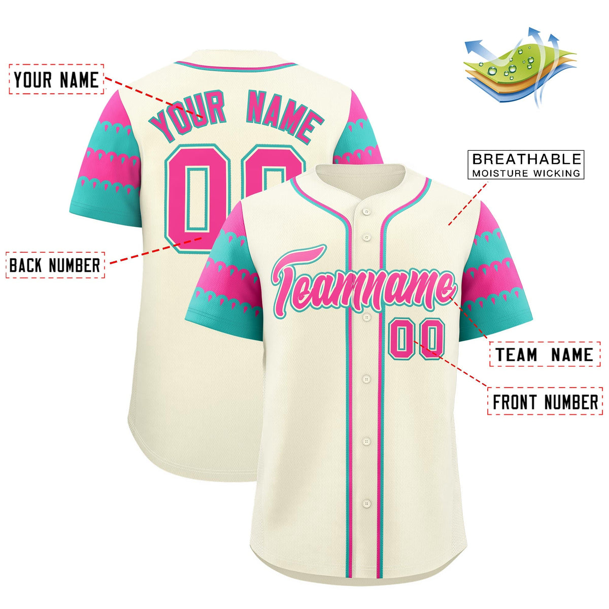 Custom Cream Pink Aqua Sleeve Flag Lace Baseball Jersey | Sublimation Printed &amp; Embroidery,Add Name and Numbern,Perfect for Teams | KXKSHOP