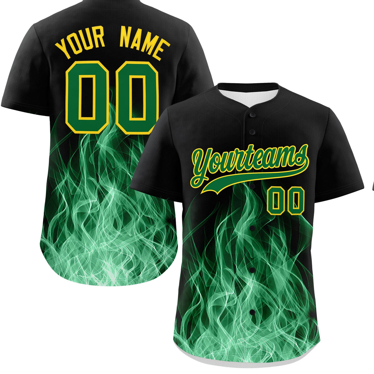 Custom Black Kelly Green Gold Flame Graffiti Pattern Personalization Baseball Jersey| KXKSHOP