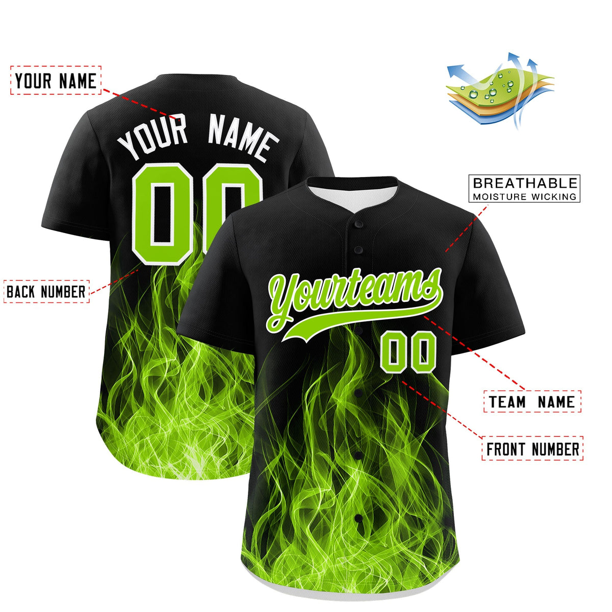 Custom Black Neon Green White Flame Graffiti Pattern Personalization Baseball Jersey| KXKSHOP