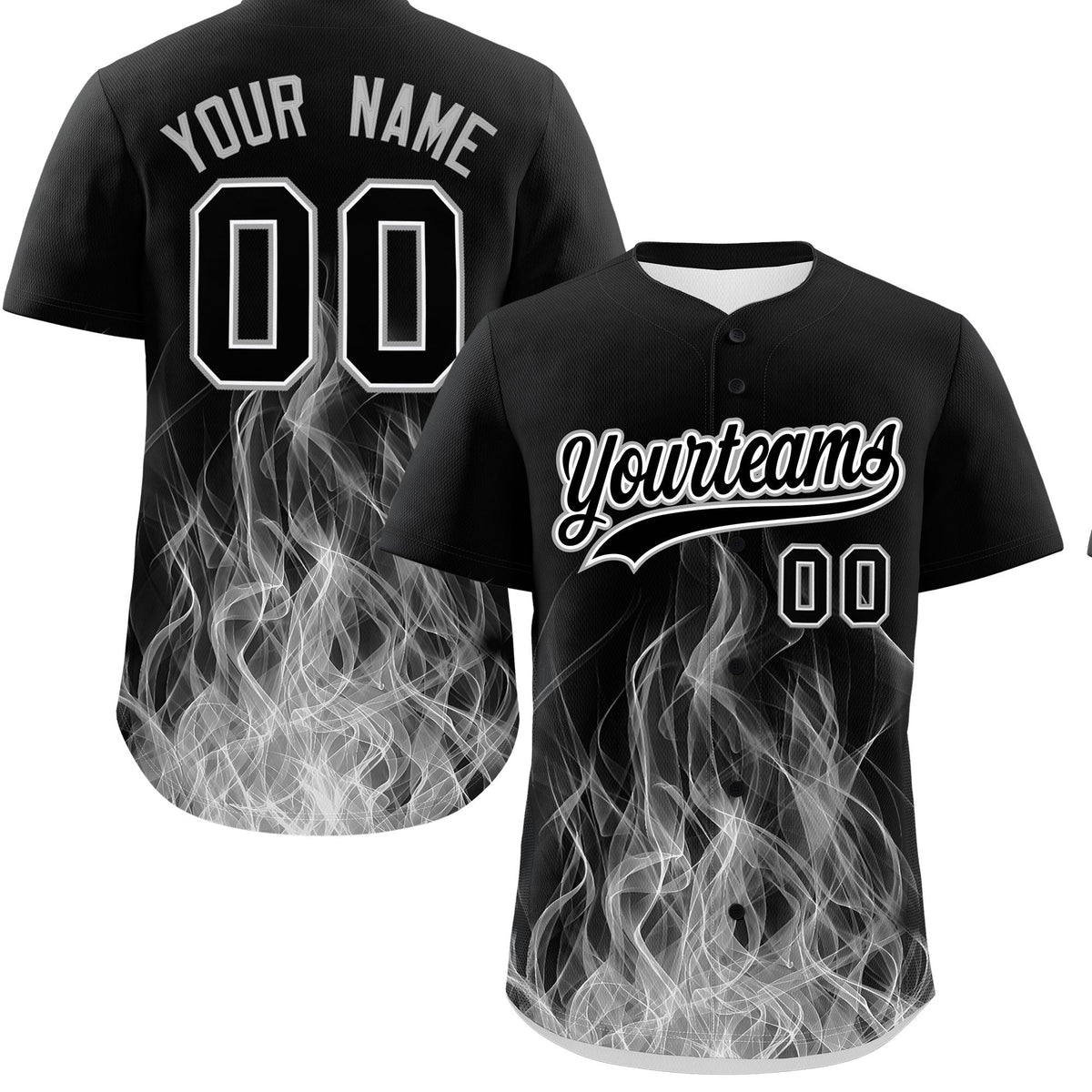 Custom Black White Gray Flame Graffiti Pattern Personalization Baseball Jersey| KXKSHOP
