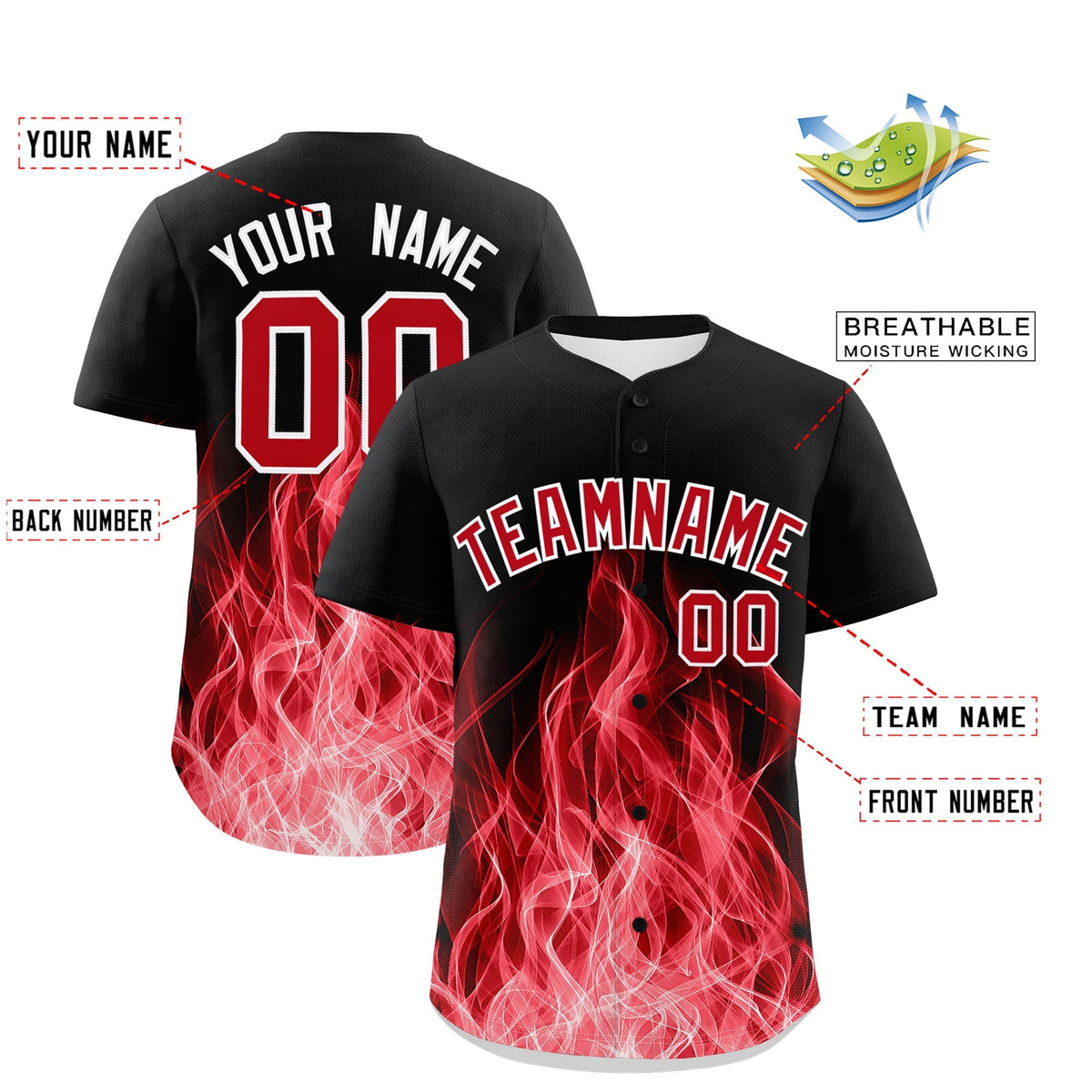 Custom Black Red White Flame Graffiti Pattern Personalization Baseball Jersey| KXKSHOP