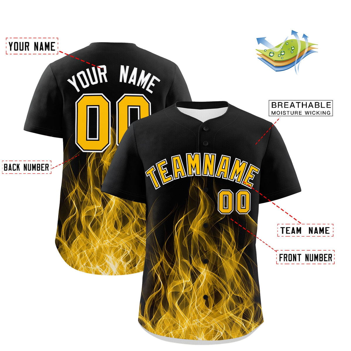 Custom Black Yellow White Flame Graffiti Pattern Personalization Baseball Jersey| KXKSHOP