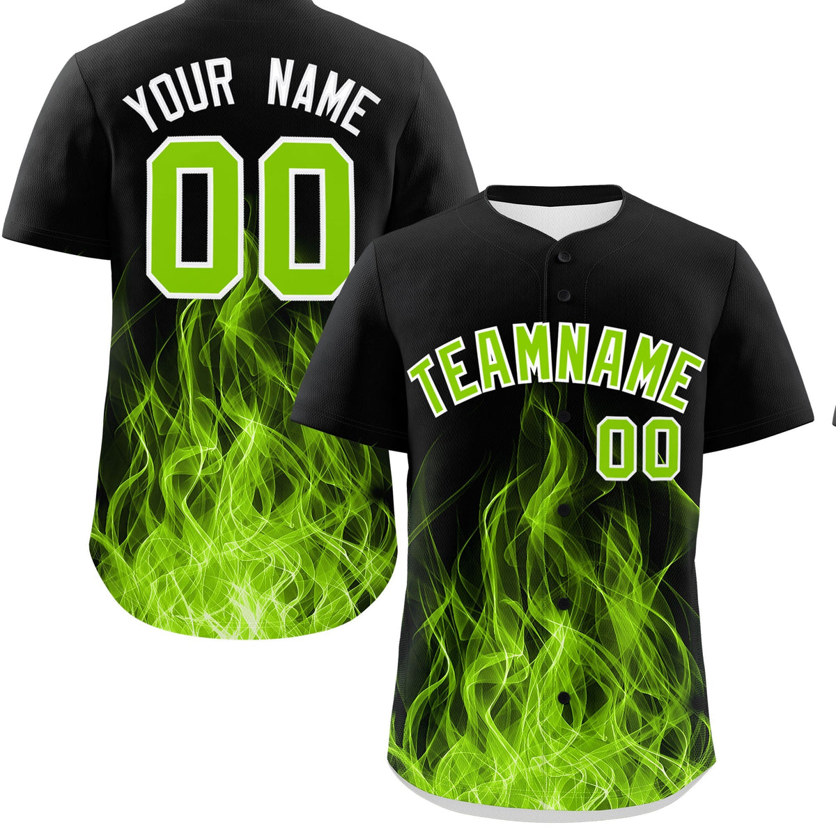 Custom Black Neon Green White Flame Graffiti Pattern Personalization Baseball Jersey| KXKSHOP
