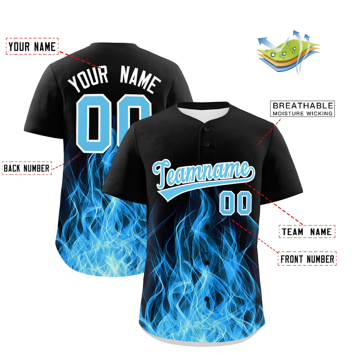 Custom Black Sky Blue White Flame Graffiti Pattern Personalization Baseball Jersey| KXKSHOP