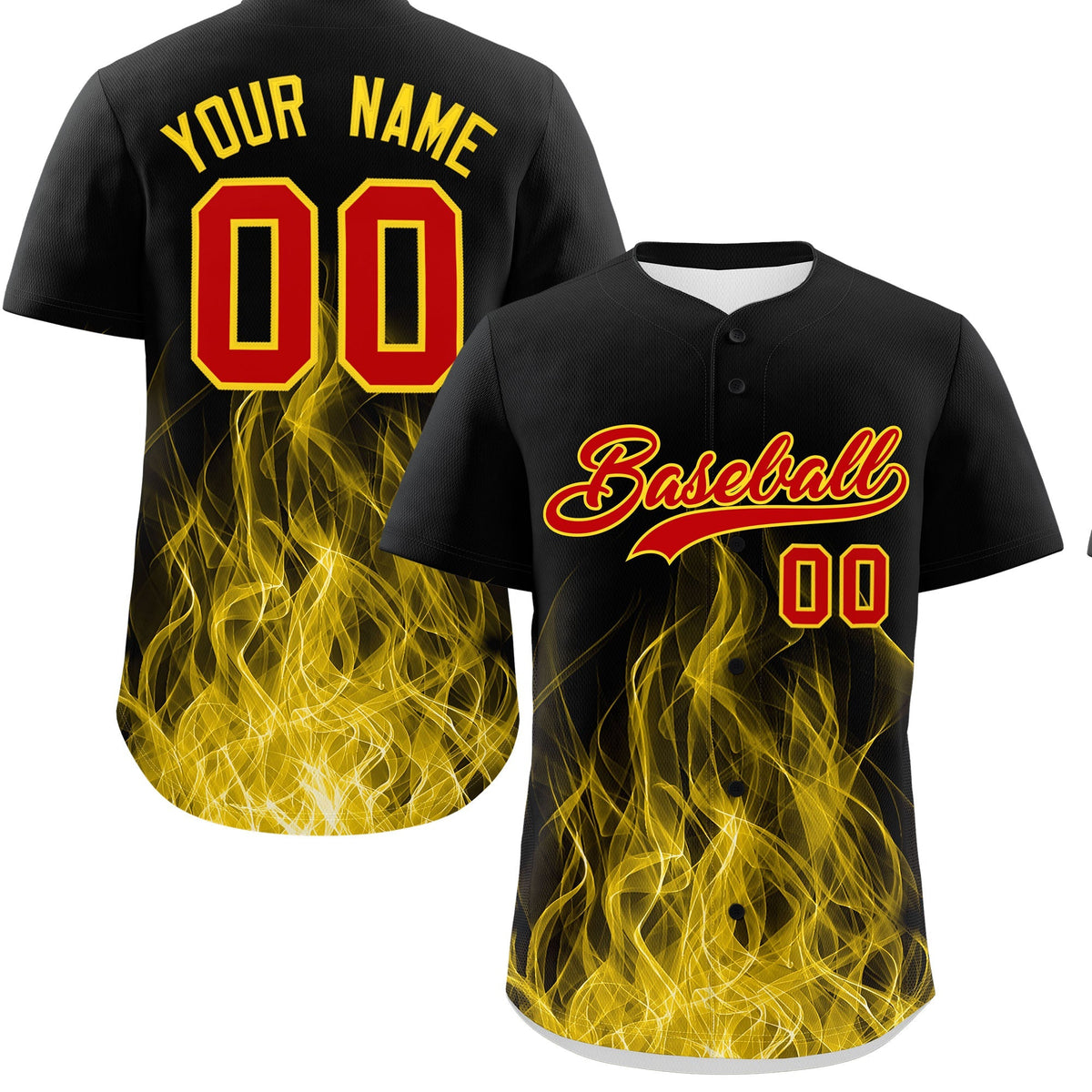 Custom Black Red Gold Flame Graffiti Pattern Personalization Baseball Jersey| KXKSHOP