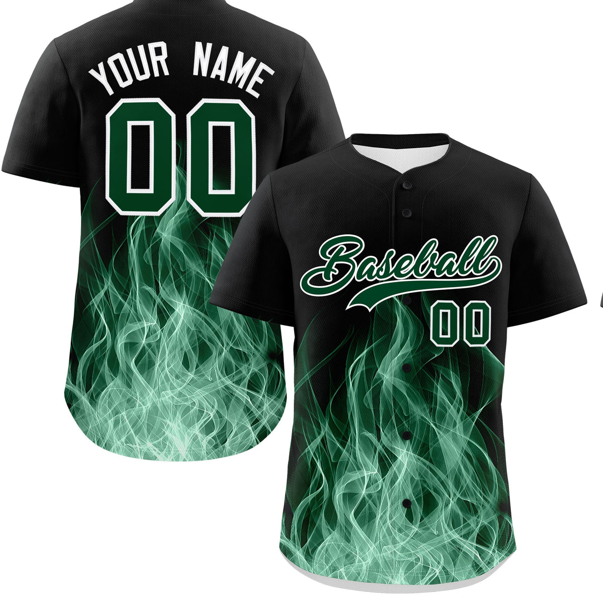 Custom Black Green White Flame Graffiti Pattern Personalization Baseball Jersey| KXKSHOP