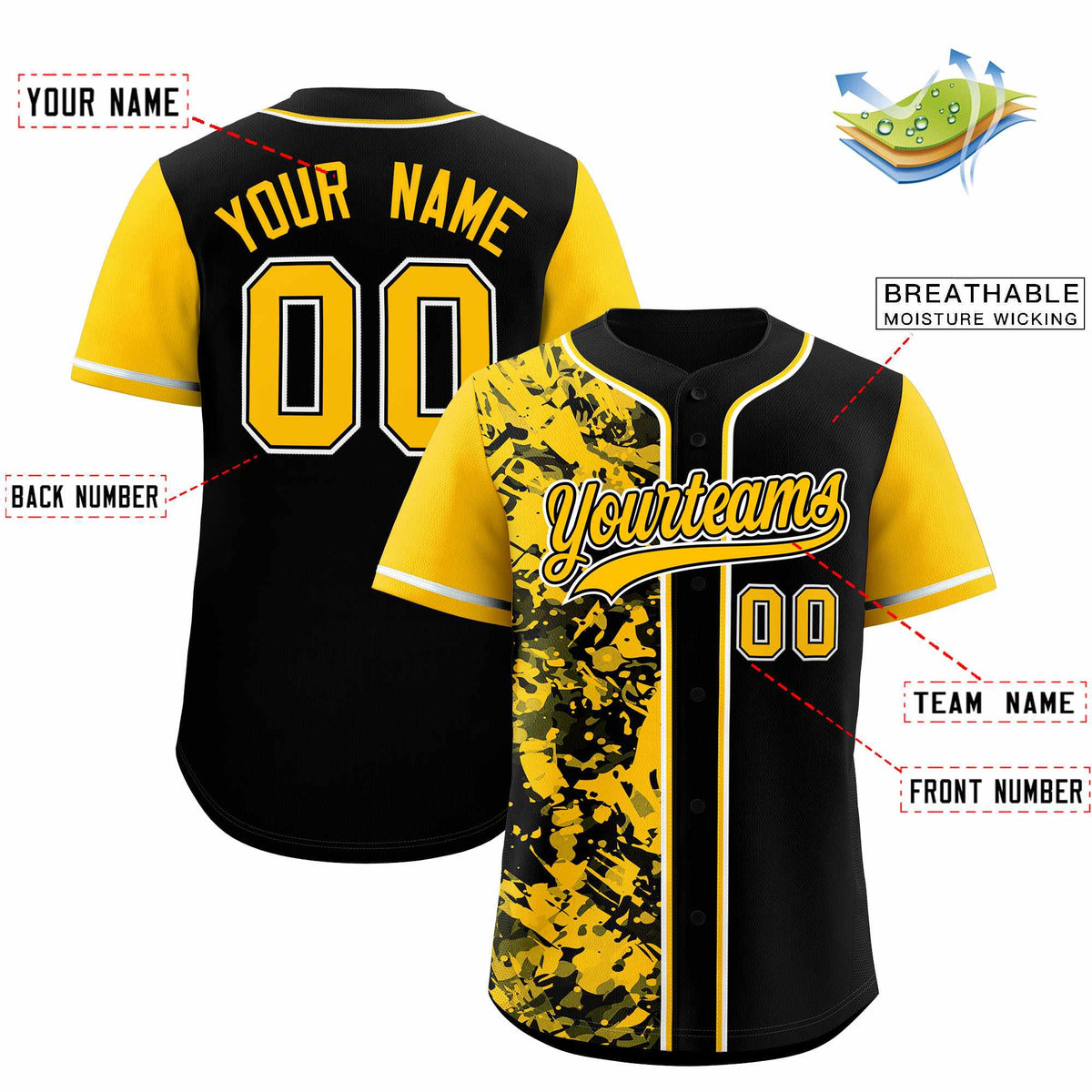Custom Black Yellow Split Personalized Graffiti Raglan Sleeve Authentic Baseball Jersey