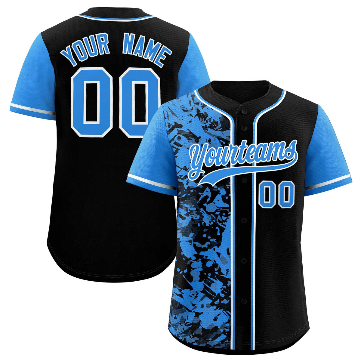 Custom Black Blue Split Personalized Graffiti Raglan Sleeve Authentic Baseball Jersey