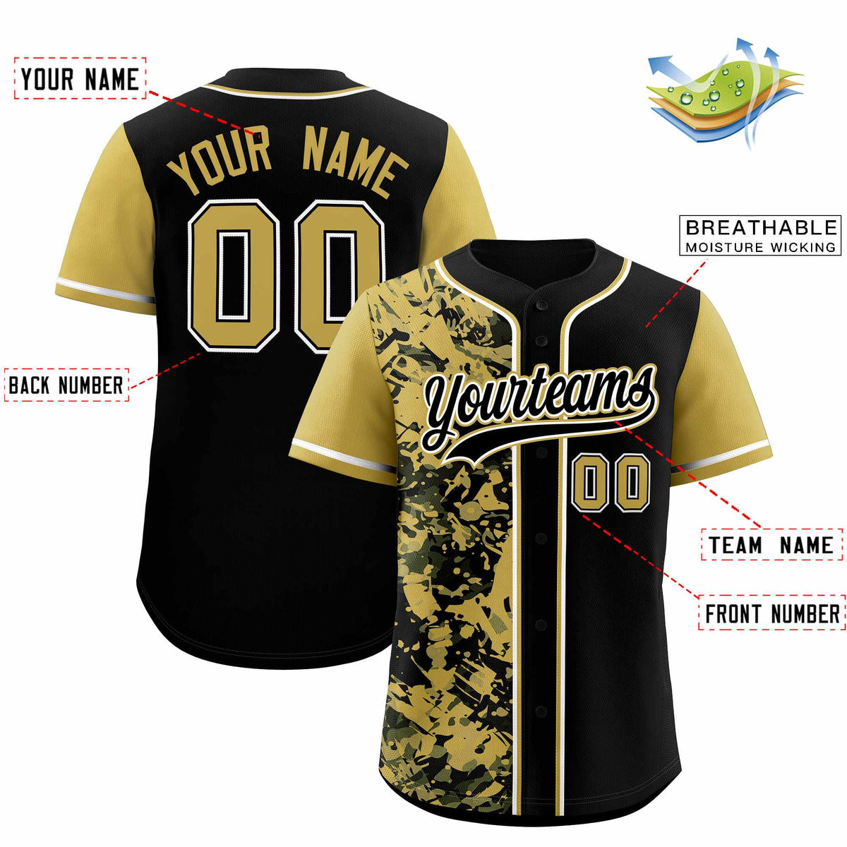 Custom Black Old Gold Split Personalized Graffiti Raglan Sleeve Authentic Baseball Jersey