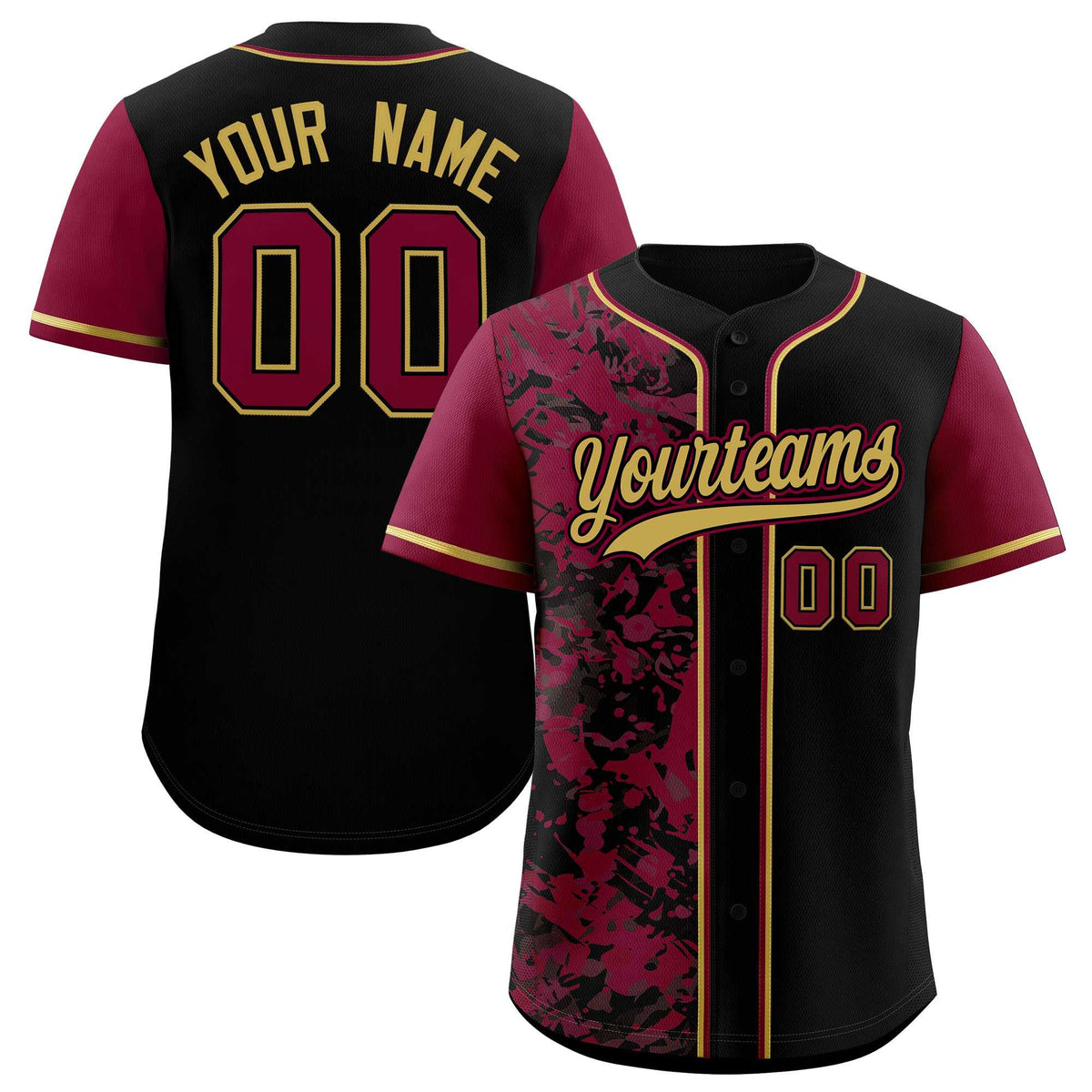 Custom Black Crimson Split Personalized Graffiti Raglan Sleeve Authentic Baseball Jersey