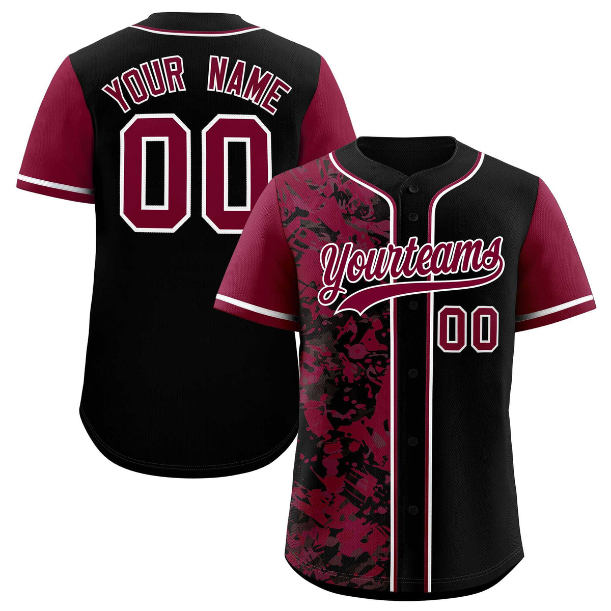 Custom Black Crimson Split Personalized Graffiti Raglan Sleeve Authentic Baseball Jersey