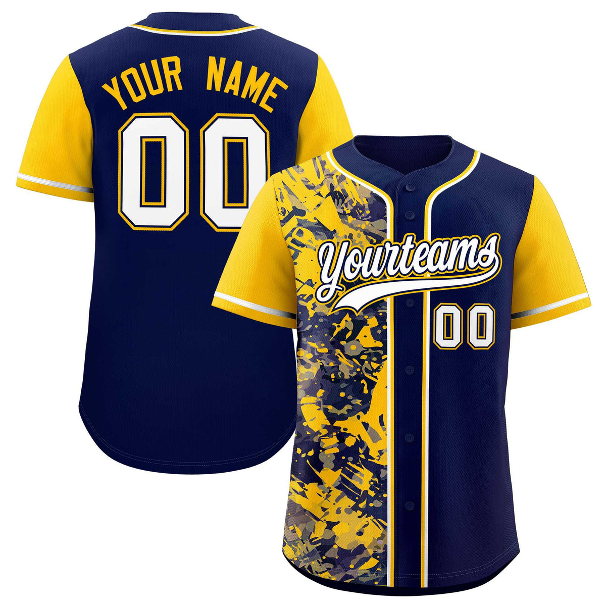 Custom Navy Yellow Split Personalized Graffiti Raglan Sleeve Authentic Baseball Jersey