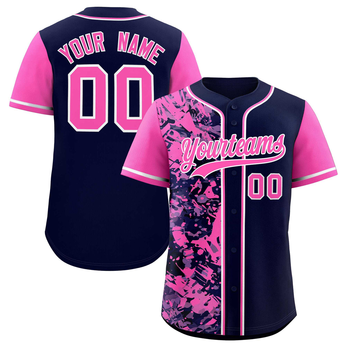 Custom Navy Pink Split Personalized Graffiti Raglan Sleeve Authentic Baseball Jersey