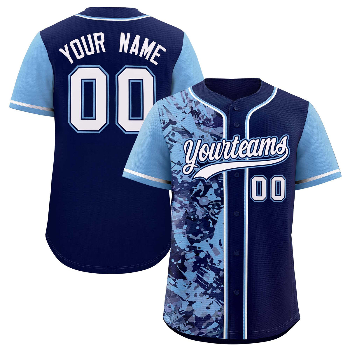 Custom Navy Powder Blue Split Personalized Graffiti Raglan Sleeve Authentic Baseball Jersey
