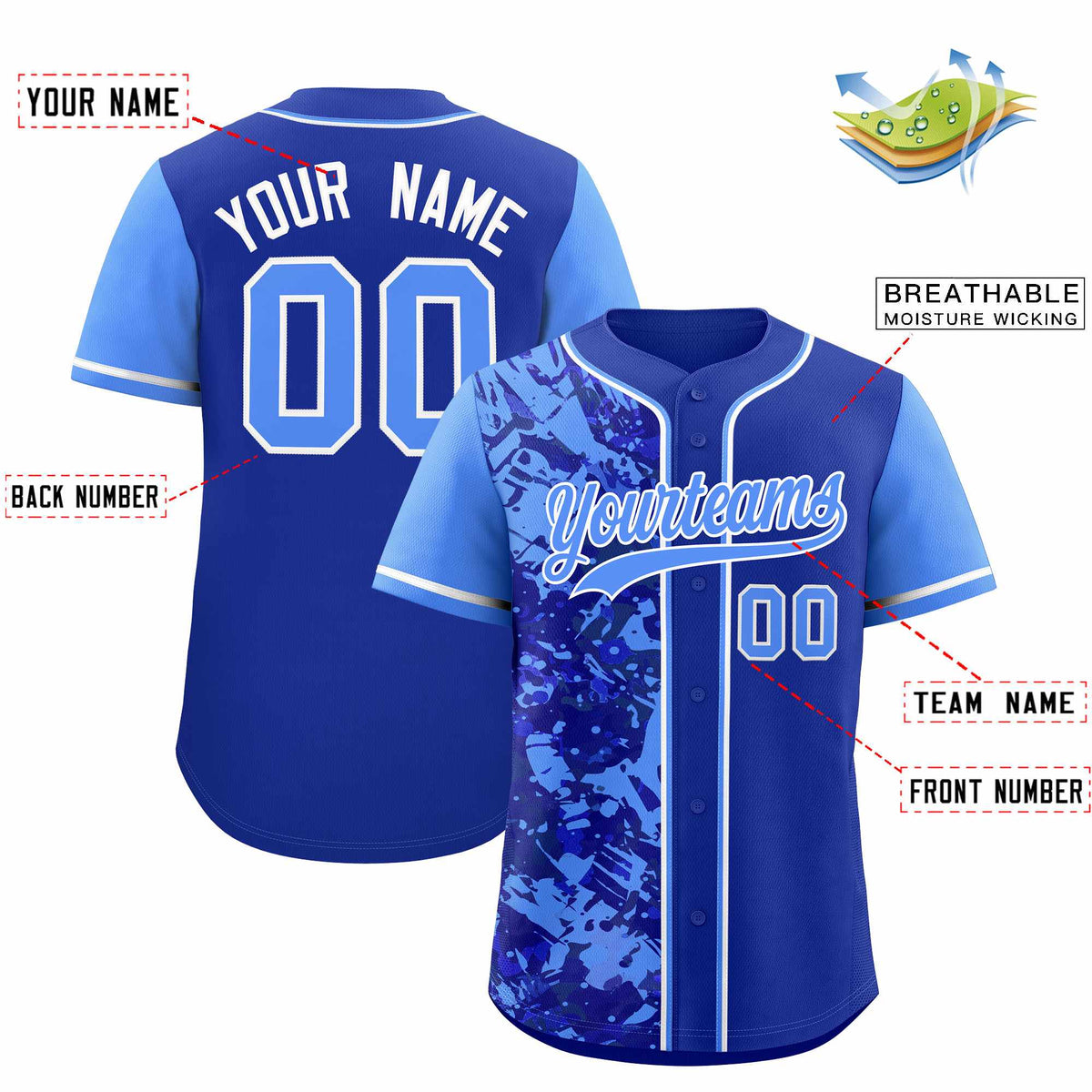Custom Royal Blue Split Personalized Graffiti Raglan Sleeve Authentic Baseball Jersey
