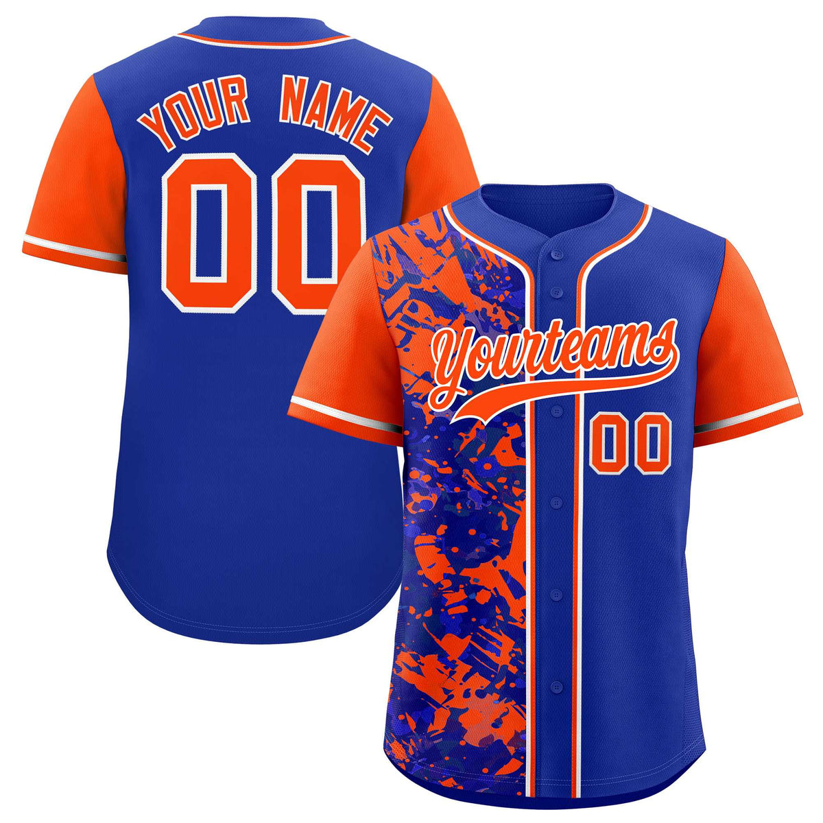 Custom Royal Orange Split Personalized Graffiti Raglan Sleeve Authentic Baseball Jersey