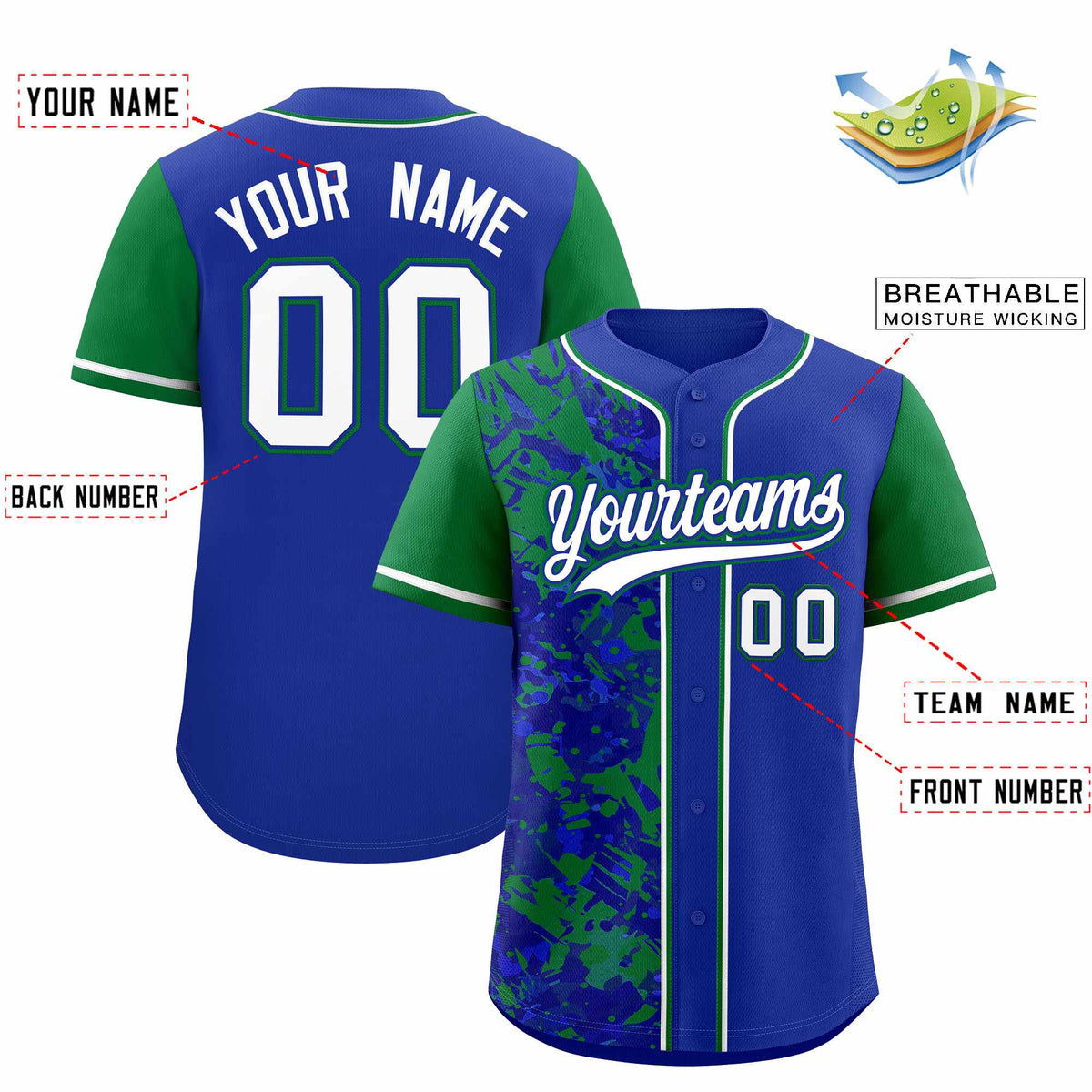 Custom Royal Green Split Personalized Graffiti Raglan Sleeve Authentic Baseball Jersey