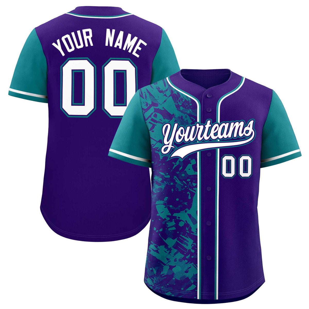 Custom Purple Teal Split Personalized Graffiti Raglan Sleeve Authentic Baseball Jersey