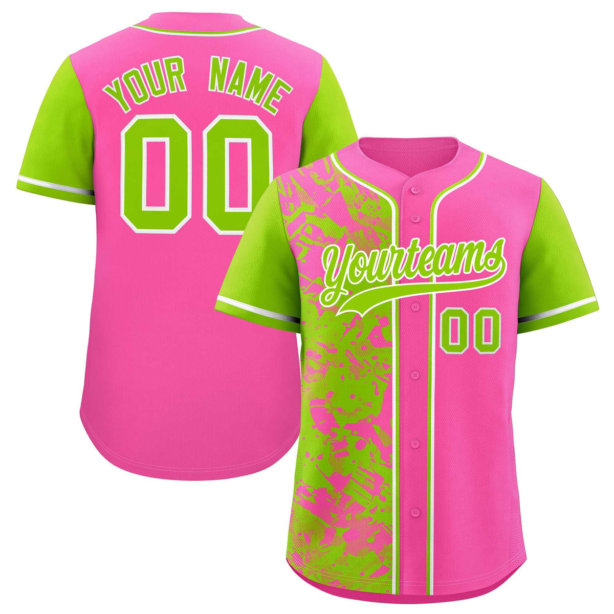 Custom Pink Neon Green Split Personalized Graffiti Raglan Sleeve Authentic Baseball Jersey