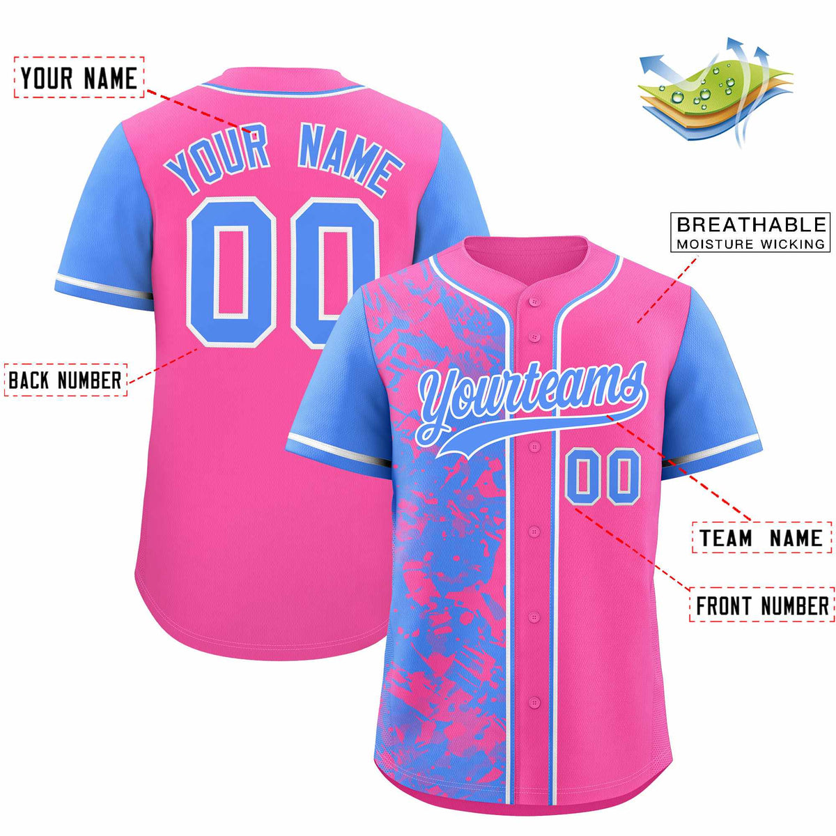 Custom Pink Powder Blue Split Personalized Graffiti Raglan Sleeve Authentic Baseball Jersey