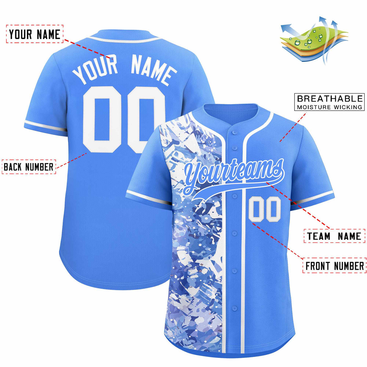 Custom Blue White Split Personalized Graffiti Raglan Sleeve Authentic Baseball Jersey