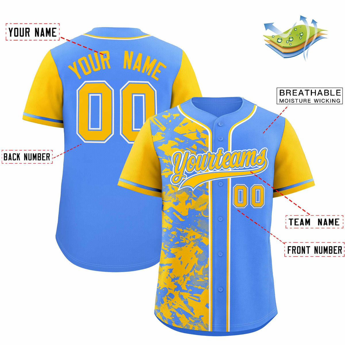 Custom Blue Yellow Split Personalized Graffiti Raglan Sleeve Authentic Baseball Jersey