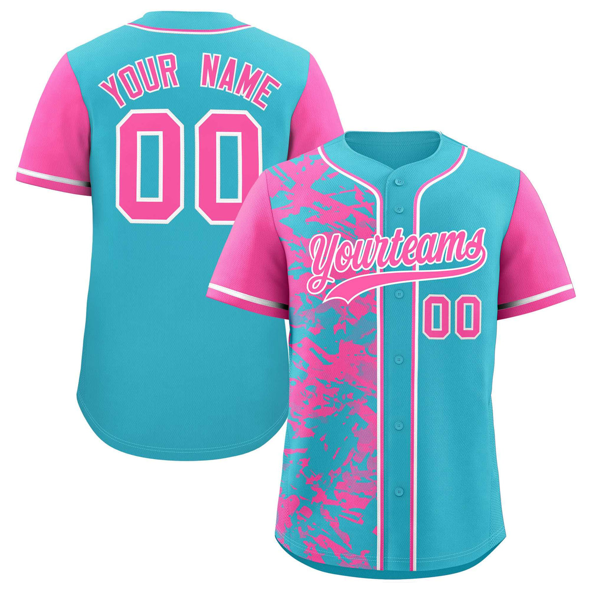 Custom Sky Blue Pink Split Personalized Graffiti Raglan Sleeve Authentic Baseball Jersey