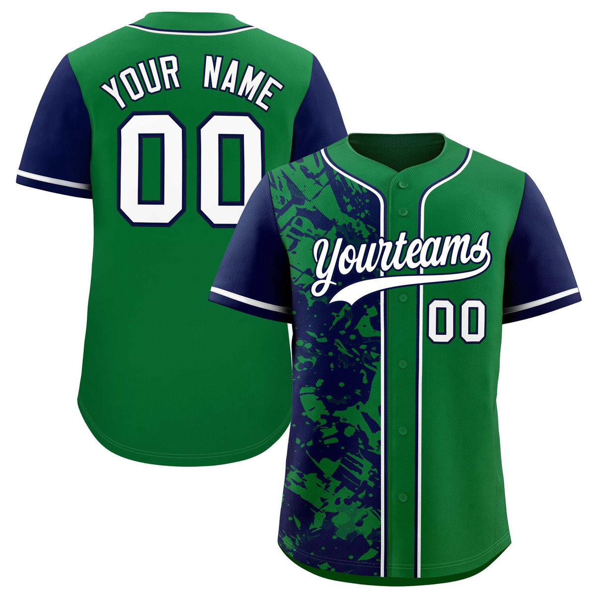 Custom Green Navy Split Personalized Graffiti Raglan Sleeve Authentic Baseball Jersey