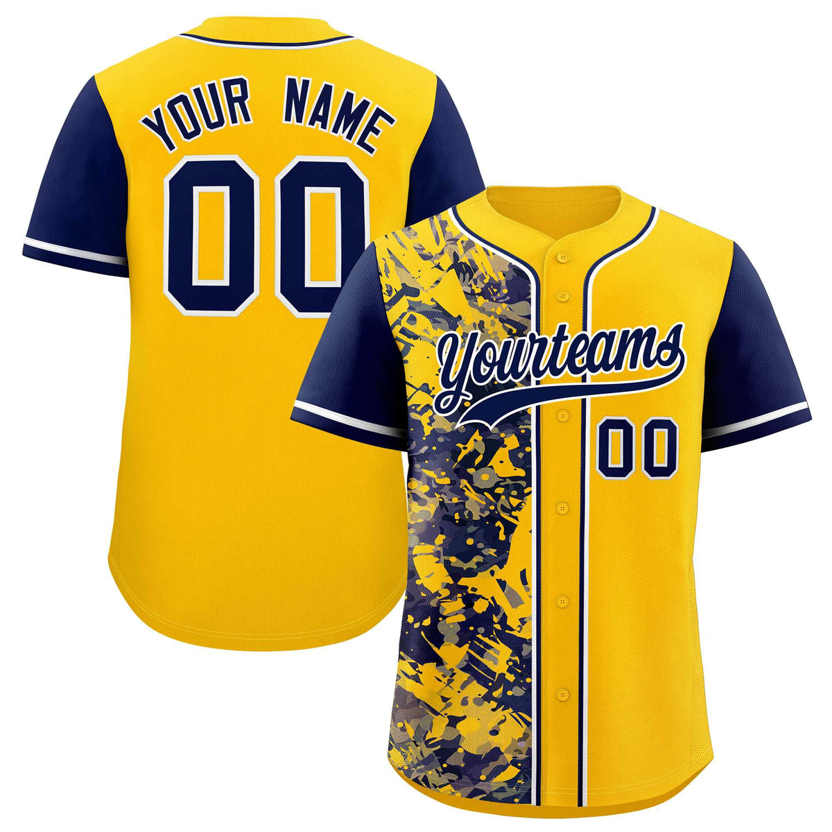 Custom Yellow Navy Split Personalized Graffiti Raglan Sleeve Authentic Baseball Jersey