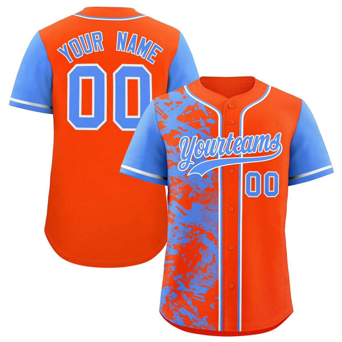 Custom Orange Powder Blue Split Personalized Graffiti Raglan Sleeve Authentic Baseball Jersey