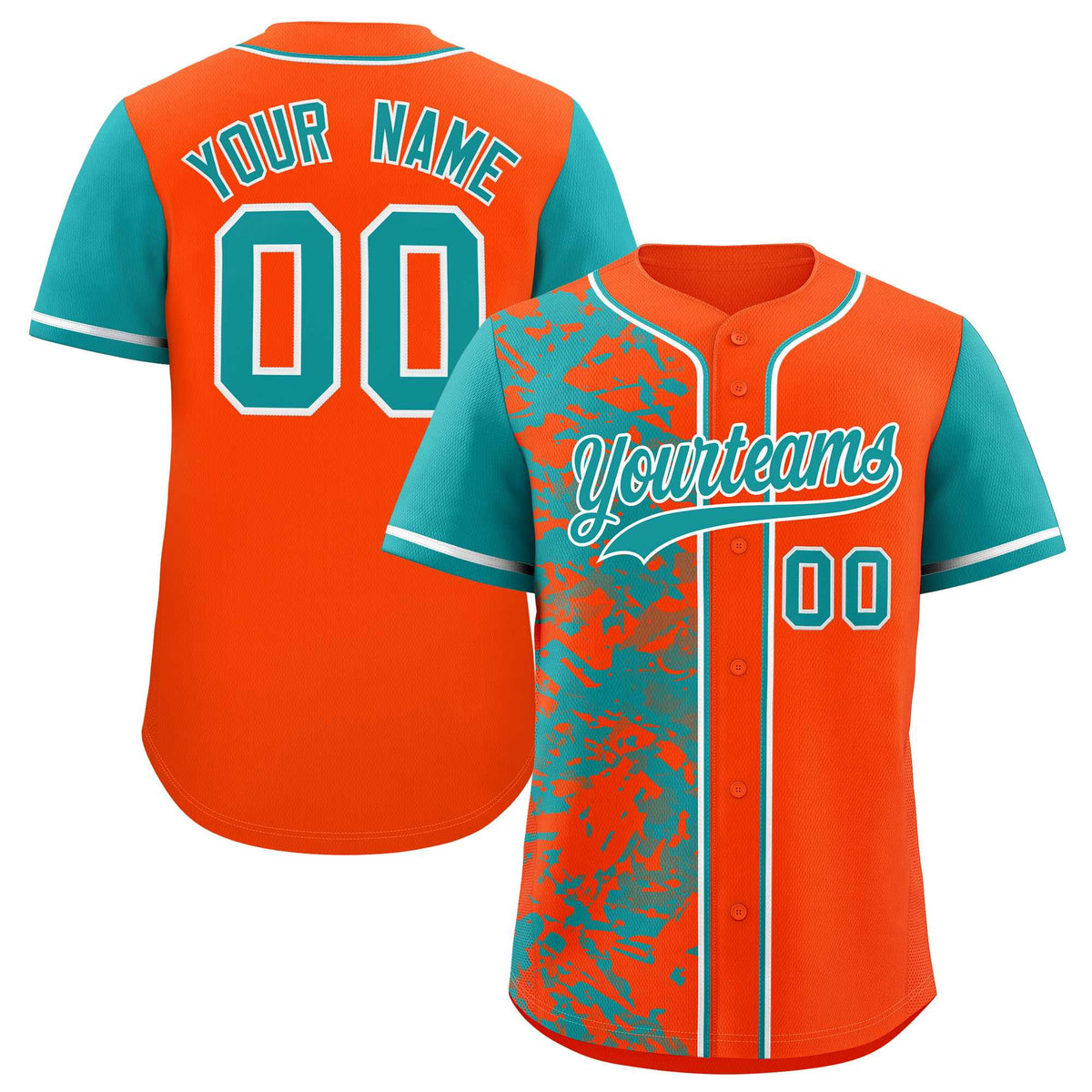 Custom Orange Aqua Split Personalized Graffiti Raglan Sleeve Authentic Baseball Jersey