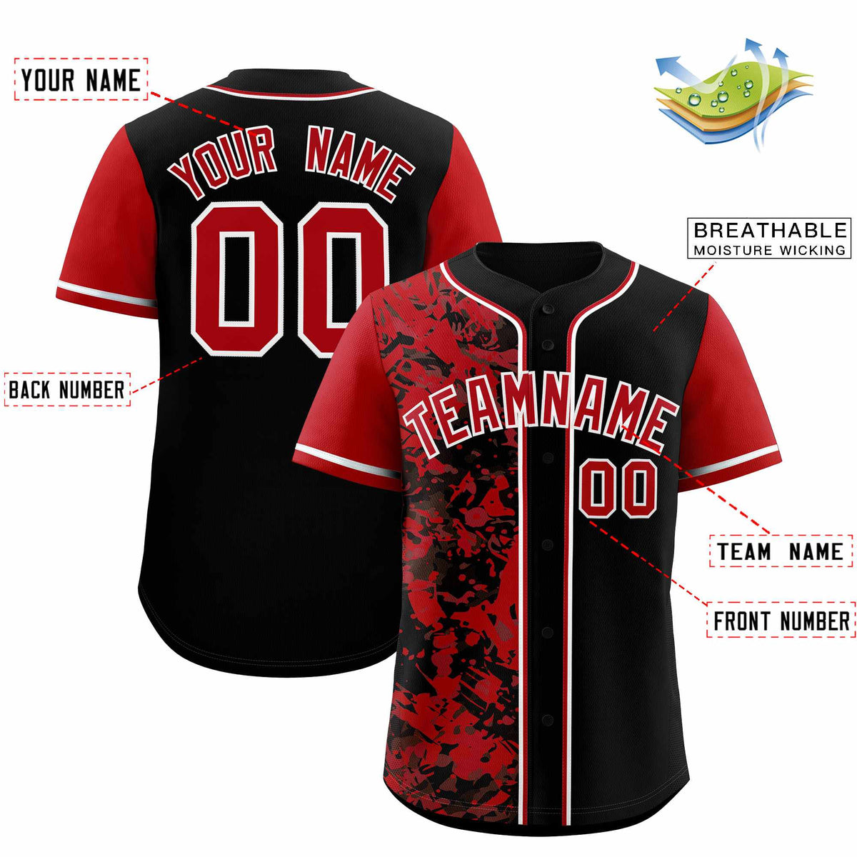 Custom Black Red Split Personalized Graffiti Raglan Sleeve Authentic Baseball Jersey