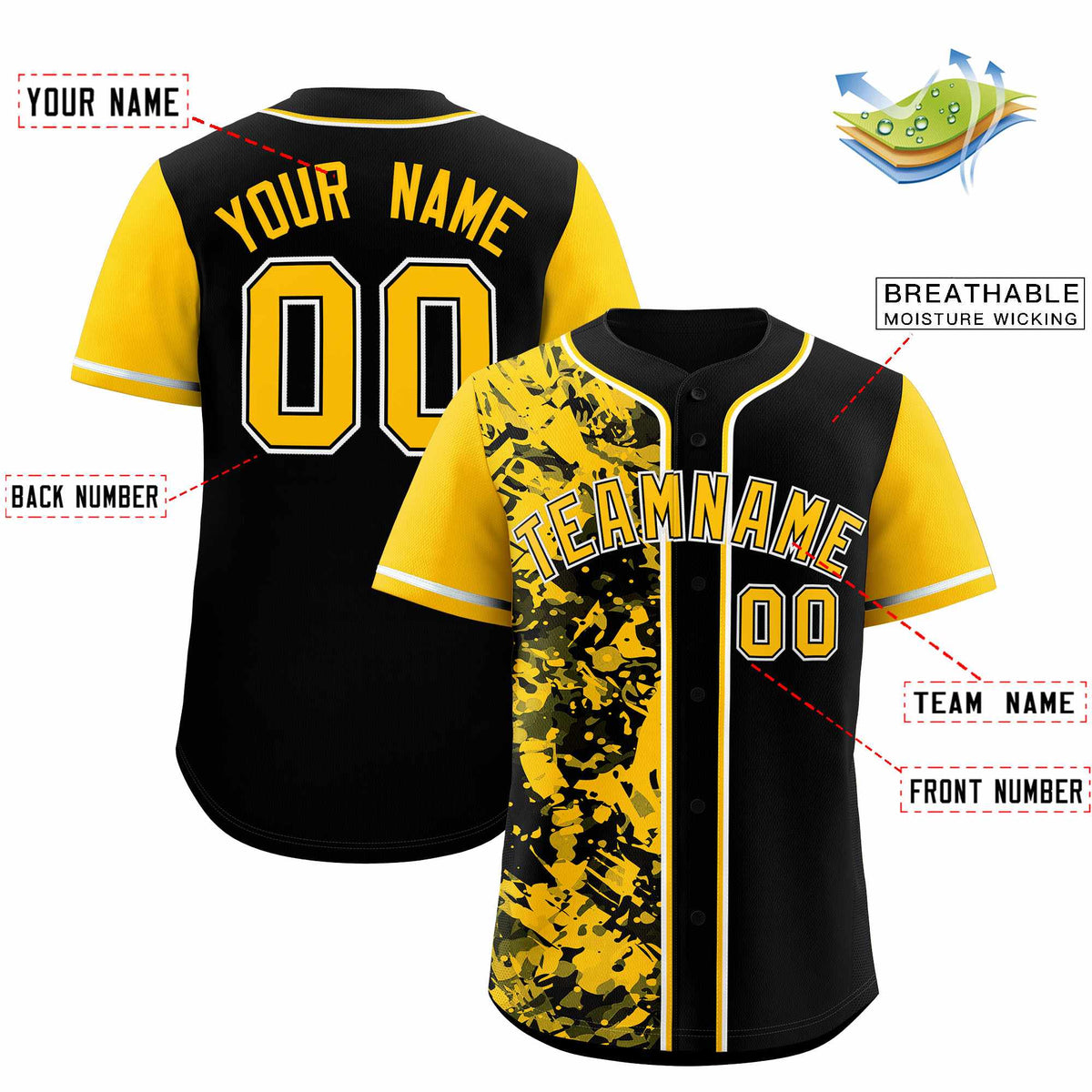 Custom Black Yellow Split Personalized Graffiti Raglan Sleeve Authentic Baseball Jersey