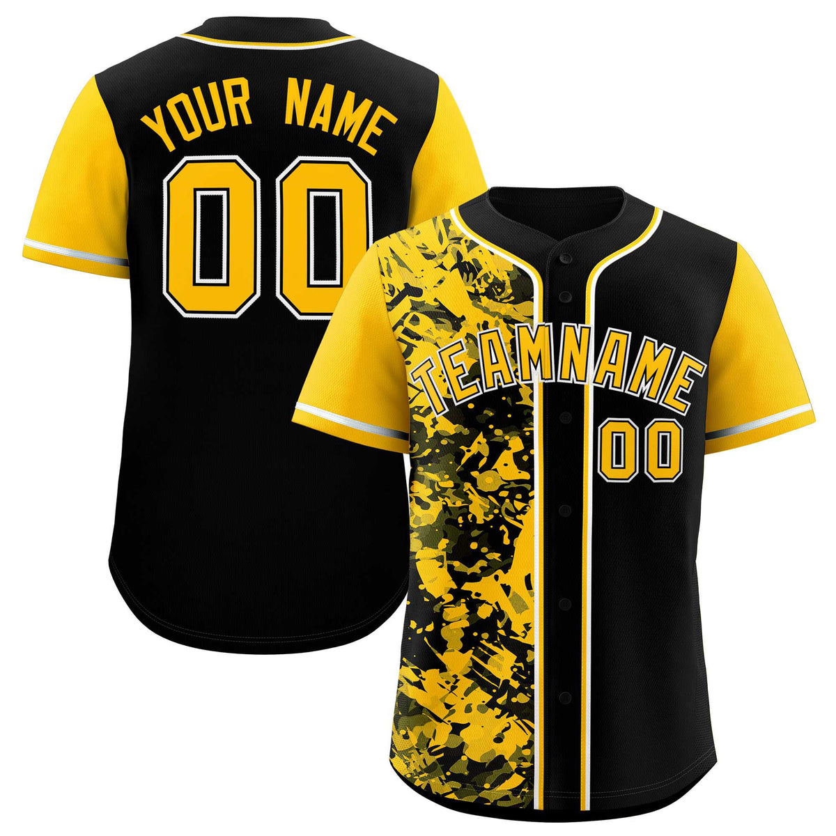 Custom Black Yellow Split Personalized Graffiti Raglan Sleeve Authentic Baseball Jersey