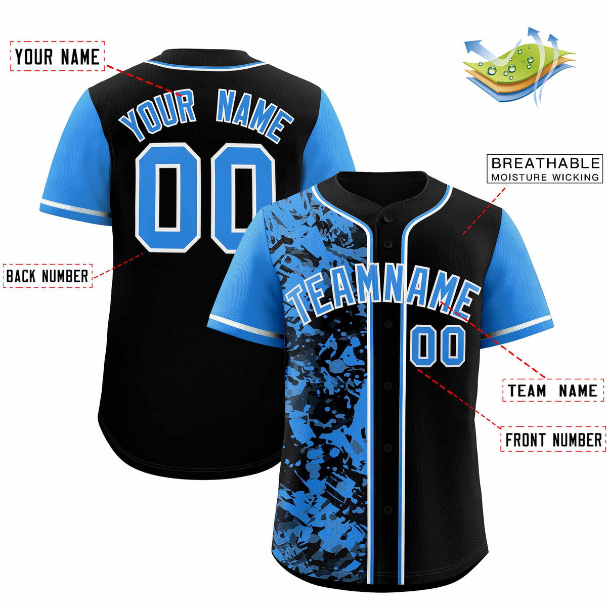 Custom Black Blue Split Personalized Graffiti Raglan Sleeve Authentic Baseball Jersey