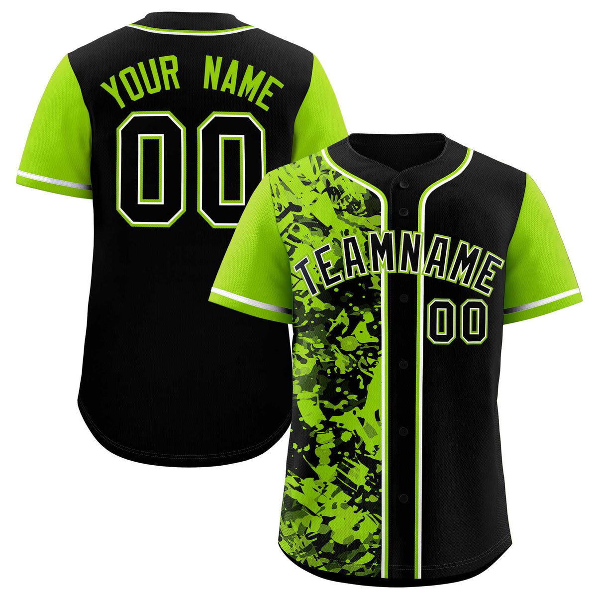 Custom Black Neon Green Split Personalized Graffiti Raglan Sleeve Authentic Baseball Jersey